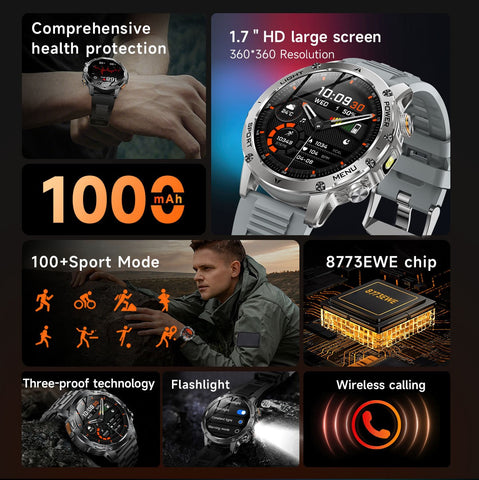 Tactical Smart Watch Men 1000mAh Battery LED Torch Blood Pressure Waterproof