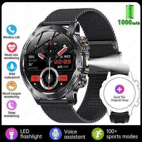 Tactical Smart Watch Men 1000mAh Battery LED Torch Blood Pressure Waterproof