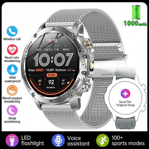 Tactical Smart Watch Men 1000mAh Battery LED Torch Blood Pressure Waterproof
