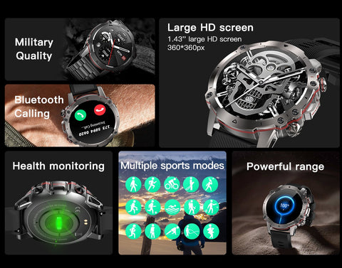 Rugged Military Smart Watch Men 1.43" BT Call Fitness Tracker Blood Pressure