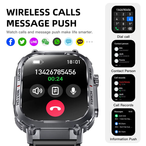 Tactical Smart Watch for Men Sport Bluetooth Call Flashlight Compass 400mAh 3ATM