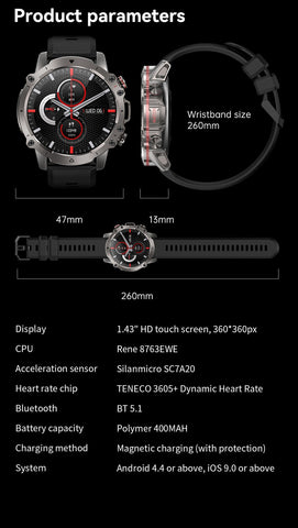 Rugged Military Smart Watch Men 1.43" BT Call Fitness Tracker Blood Pressure