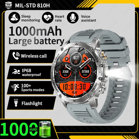 Tactical Smart Watch Men 1000mAh Battery LED Torch Blood Pressure Waterproof