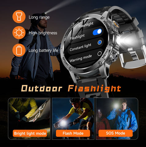 Tactical Smart Watch Men 1000mAh Battery LED Torch Blood Pressure Waterproof