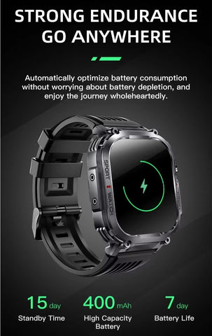 Tactical Smart Watch for Men Sport Bluetooth Call Flashlight Compass 400mAh 3ATM