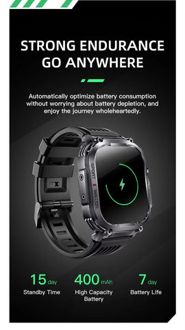 Tactical Smart Watch for Men Sport Bluetooth Call Flashlight Compass 400mAh 3ATM
