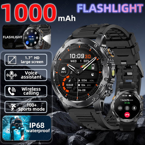 Tactical Smart Watch Men 1000mAh Battery LED Torch Blood Pressure Waterproof