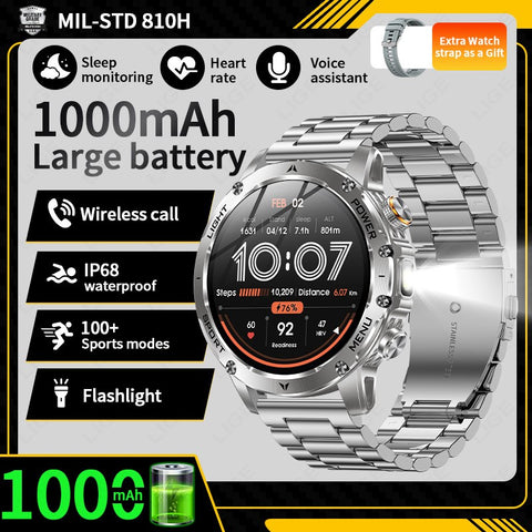 Tactical Smart Watch Men 1000mAh Battery LED Torch Blood Pressure Waterproof