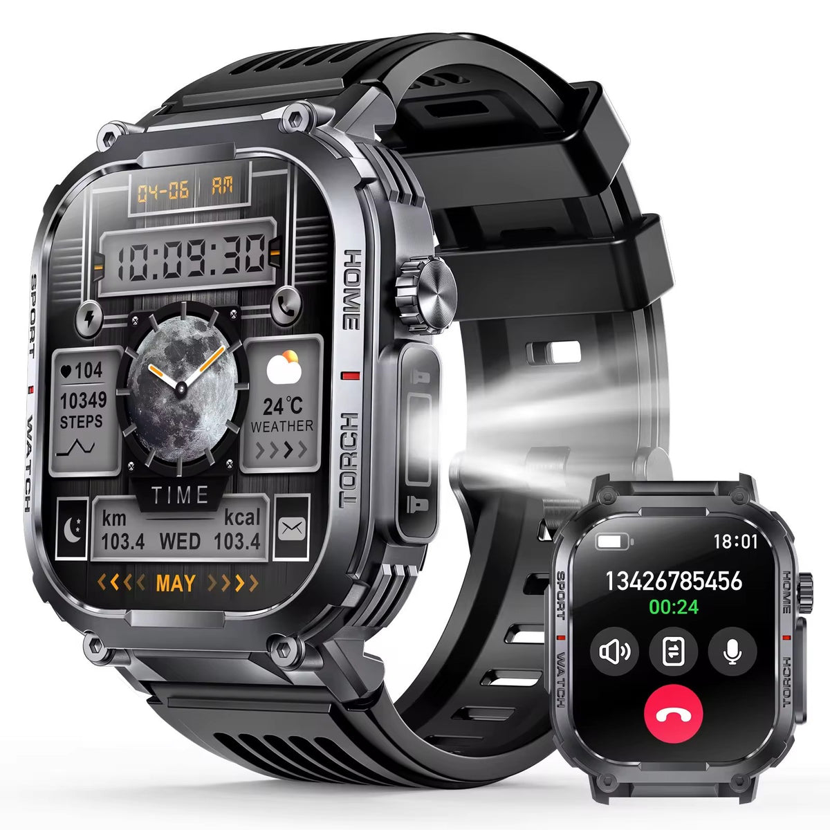 Tactical Smart Watch for Men Sport Bluetooth Call Flashlight Compass 400mAh 3ATM