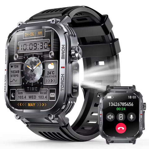 Tactical Smart Watch for Men Sport Bluetooth Call Flashlight Compass 400mAh 3ATM