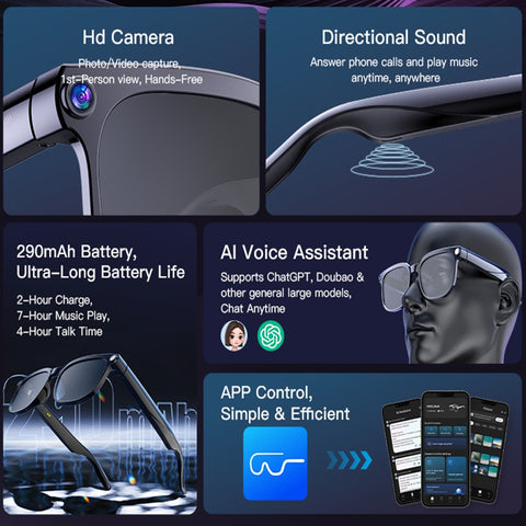Smart AI Glasses 8MP HD Camera Video Record Bluetooth 5.4 ChatGPT Audio Headset