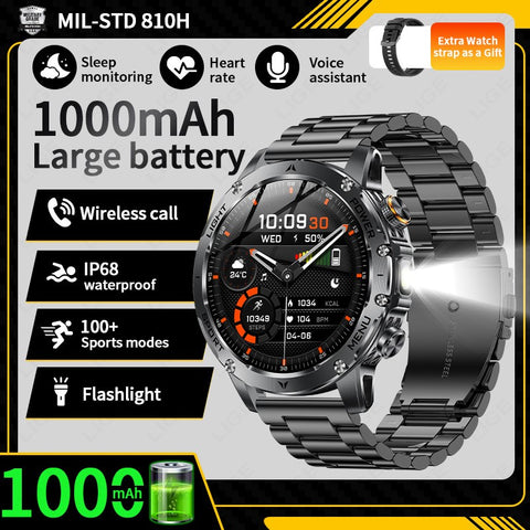 Tactical Smart Watch Men 1000mAh Battery LED Torch Blood Pressure Waterproof