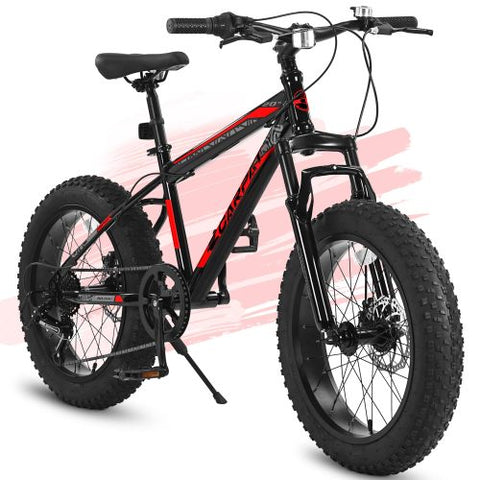 20 Inch Mountain Bike for Kids and Teenagers, High Carbon Steel Frame, Disc Brakes, Durable Wide Tires, Front Suspension, 7-Speed, Ideal for Snow and Off-Road Riding