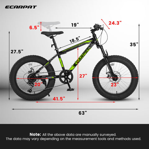 20 Inch Mountain Bike for Kids and Teenagers, High Carbon Steel Frame, Disc Brakes, Durable Wide Tires, Front Suspension, 7-Speed, Ideal for Snow and Off-Road Riding