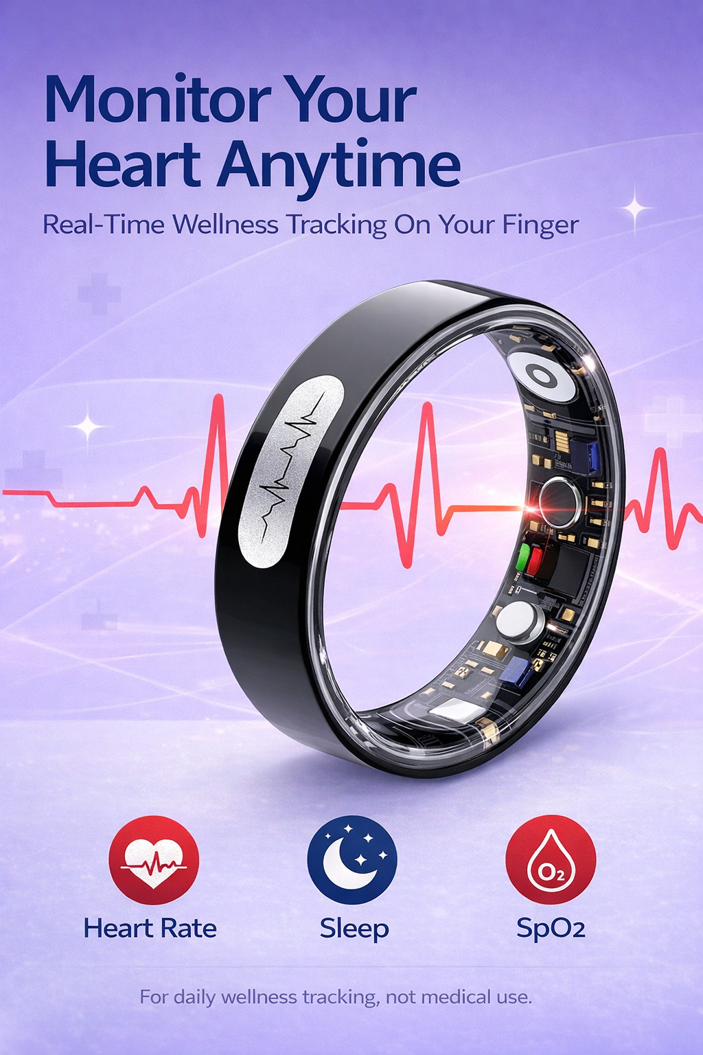 Smart Ring ECG Heart Monitor HR BP SpO2 Sleep Tracker Waterproof Fitness Ring
