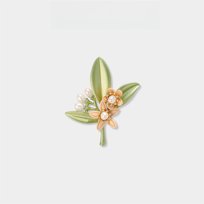 Vintage Painted Gardenia Brooch with Natural Freshwater Pearls - Forest Botanical Lapel Pin