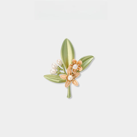 Vintage Painted Gardenia Brooch with Natural Freshwater Pearls - Forest Botanical Lapel Pin