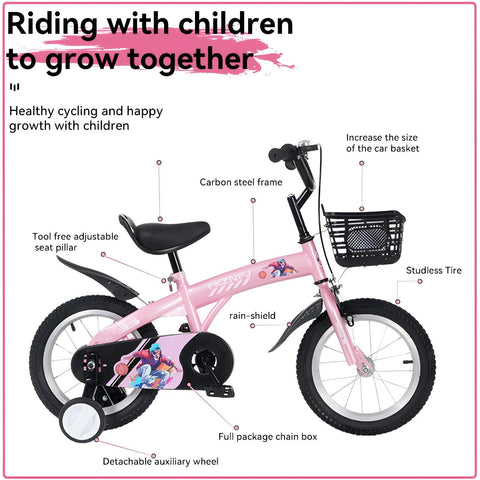 16 inch sporty kids bike with training wheels stand Adjustable saddle Suitable for boys girls aged 4-8 years tall Height 41-53 inches