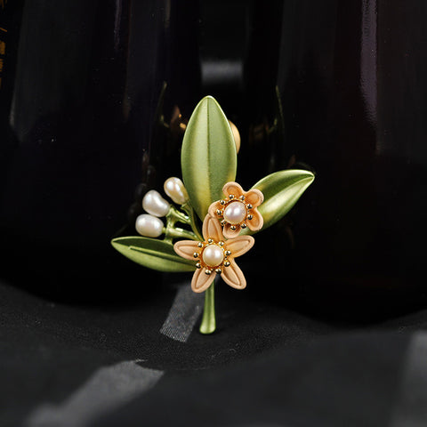 Vintage Painted Gardenia Brooch with Natural Freshwater Pearls - Forest Botanical Lapel Pin