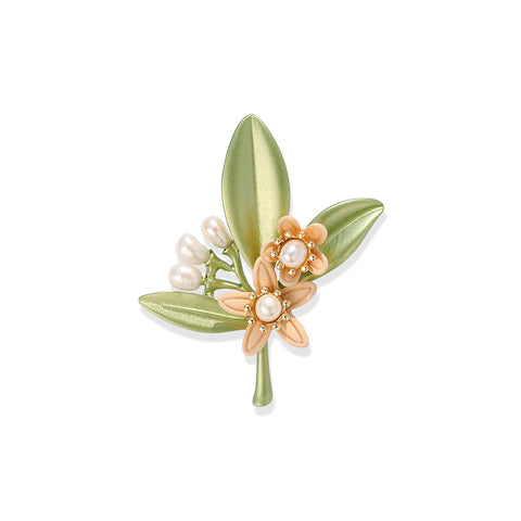 Vintage Painted Gardenia Brooch with Natural Freshwater Pearls - Forest Botanical Lapel Pin
